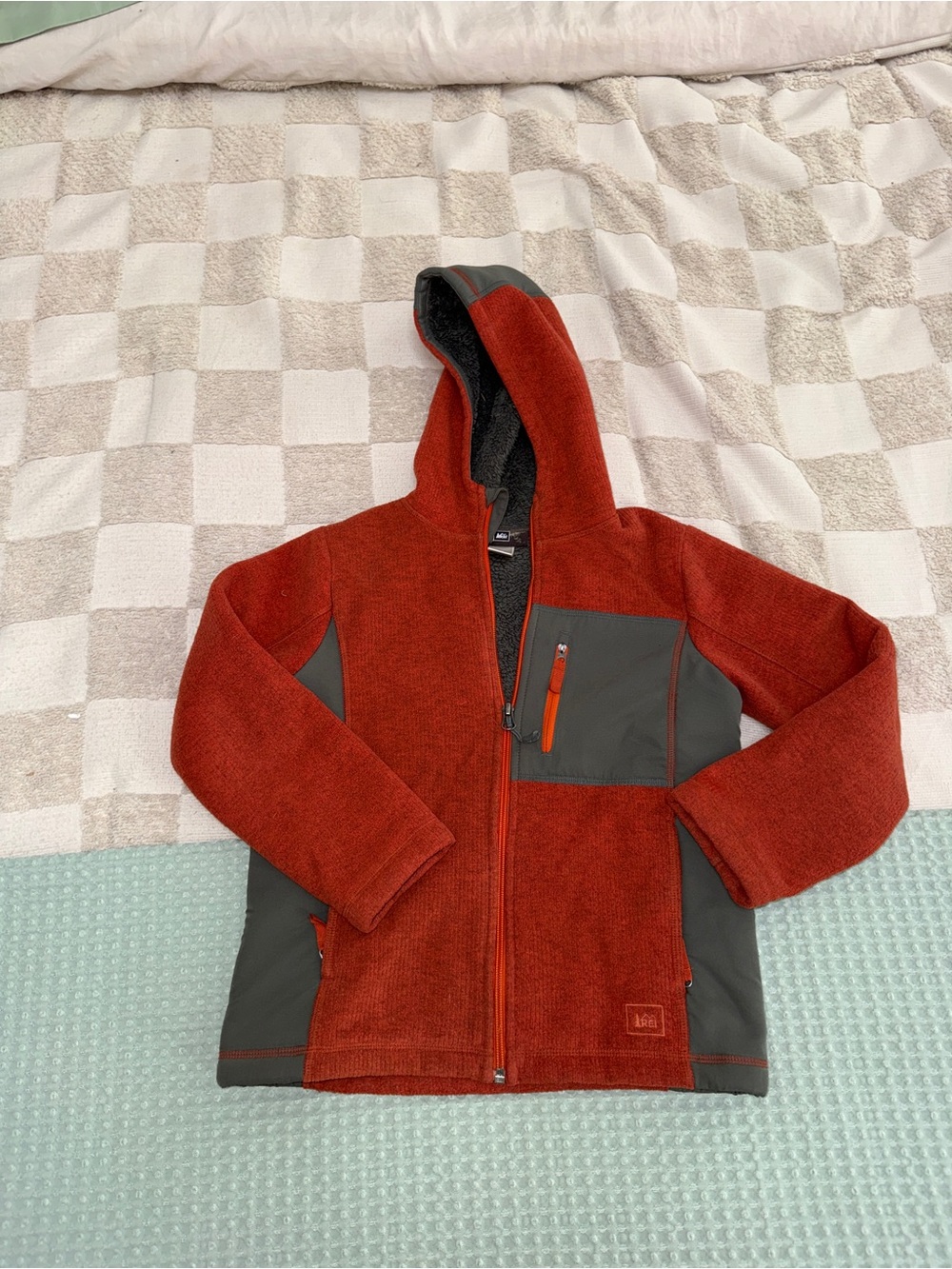 REI Youth Boys Full Zip Hooded Fleece Jacket Rust Red Gray Size S 8